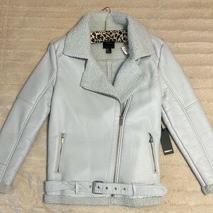 Forever 21 Baby Blue Bomber Jacket with Asymmetrical Zip and Belt